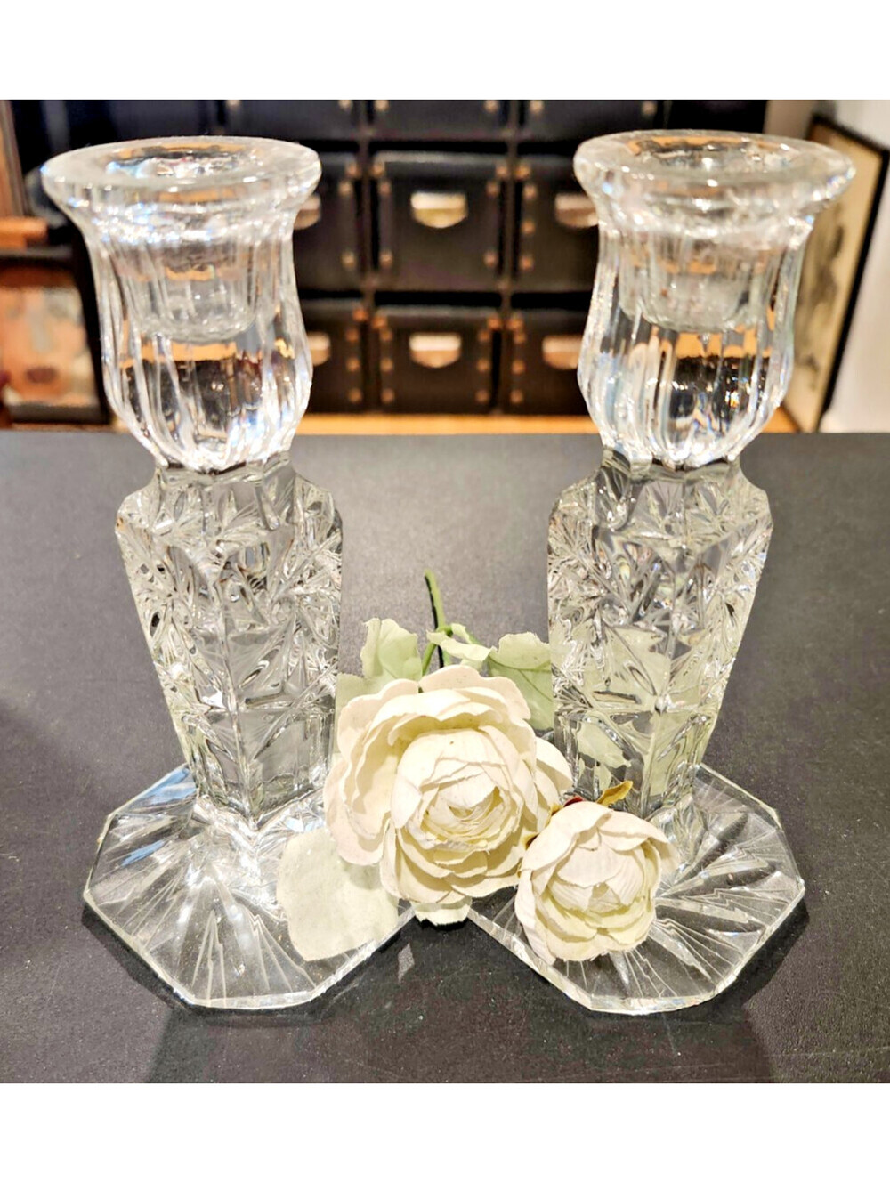 Vintage Crystal Clear Industries Crystal Candlestick Holders Pinwheel/Starburst